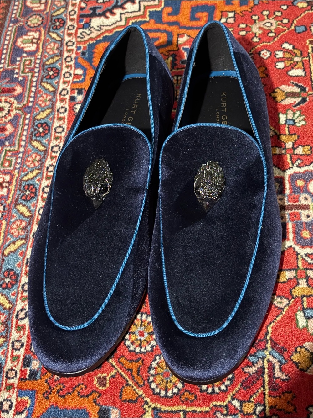 Kurt Geiger Navy Velvet Loafers with Blue Trim and Embellished Crest